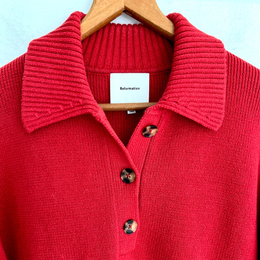 REFORMATION Brooklyn Organic Cotton Polo Sweater in Sundried Tomato - S - Picture 4 of 13